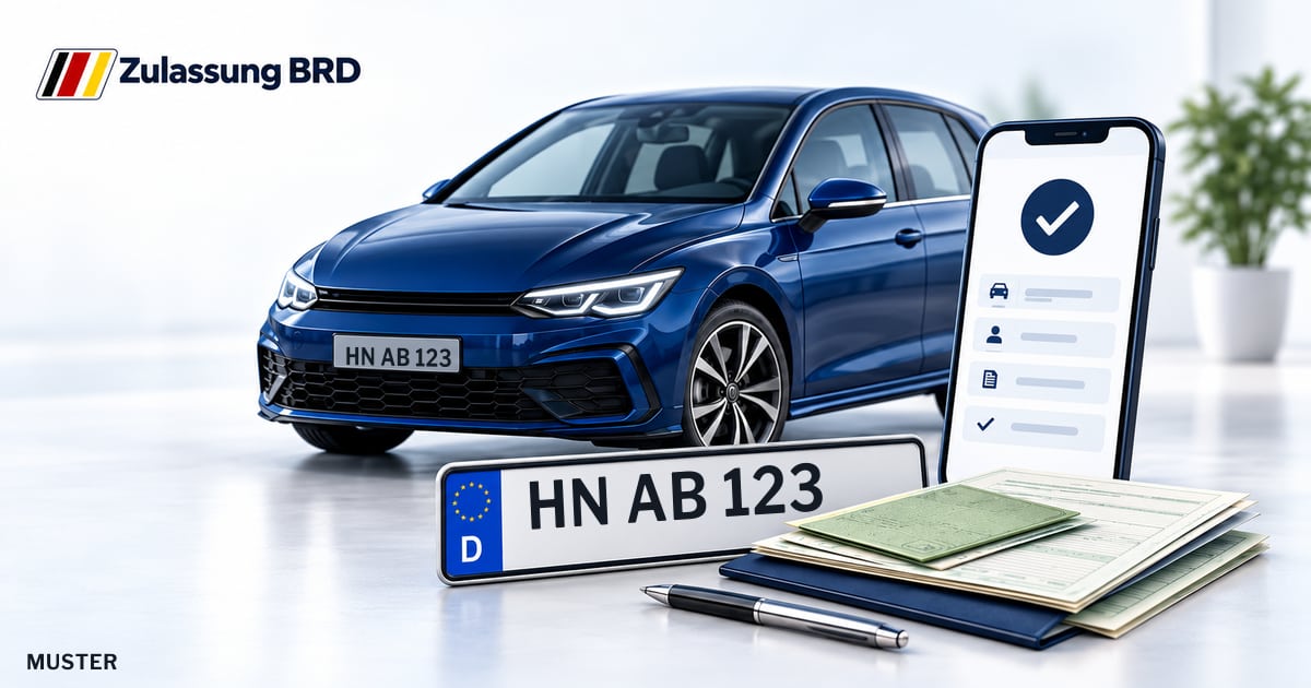 Online Fahrzeugzulassung in Leingarten: Musterkennzeichen HN AB 123, Auto und Fahrzeugpapiere und Smartphone. Illustration mit Logo von Zulassung BRD.